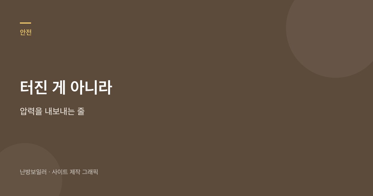 안전밸브에서 물이 떨어져도 보일러가 터진 게 아니라 압력을 내보내는 줄이라는 안내